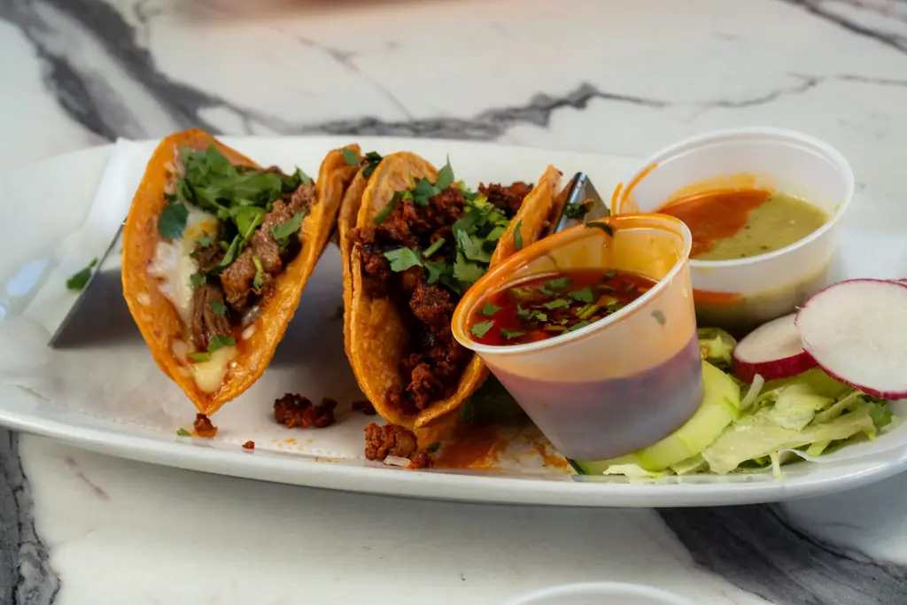 Birria-style tacos with consome and radish