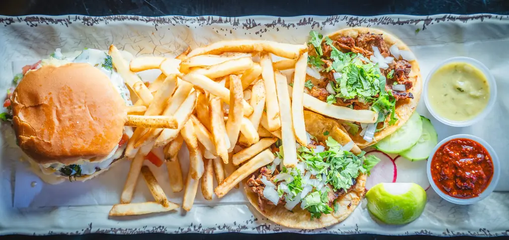 Burger, street tacos and fries combo platter