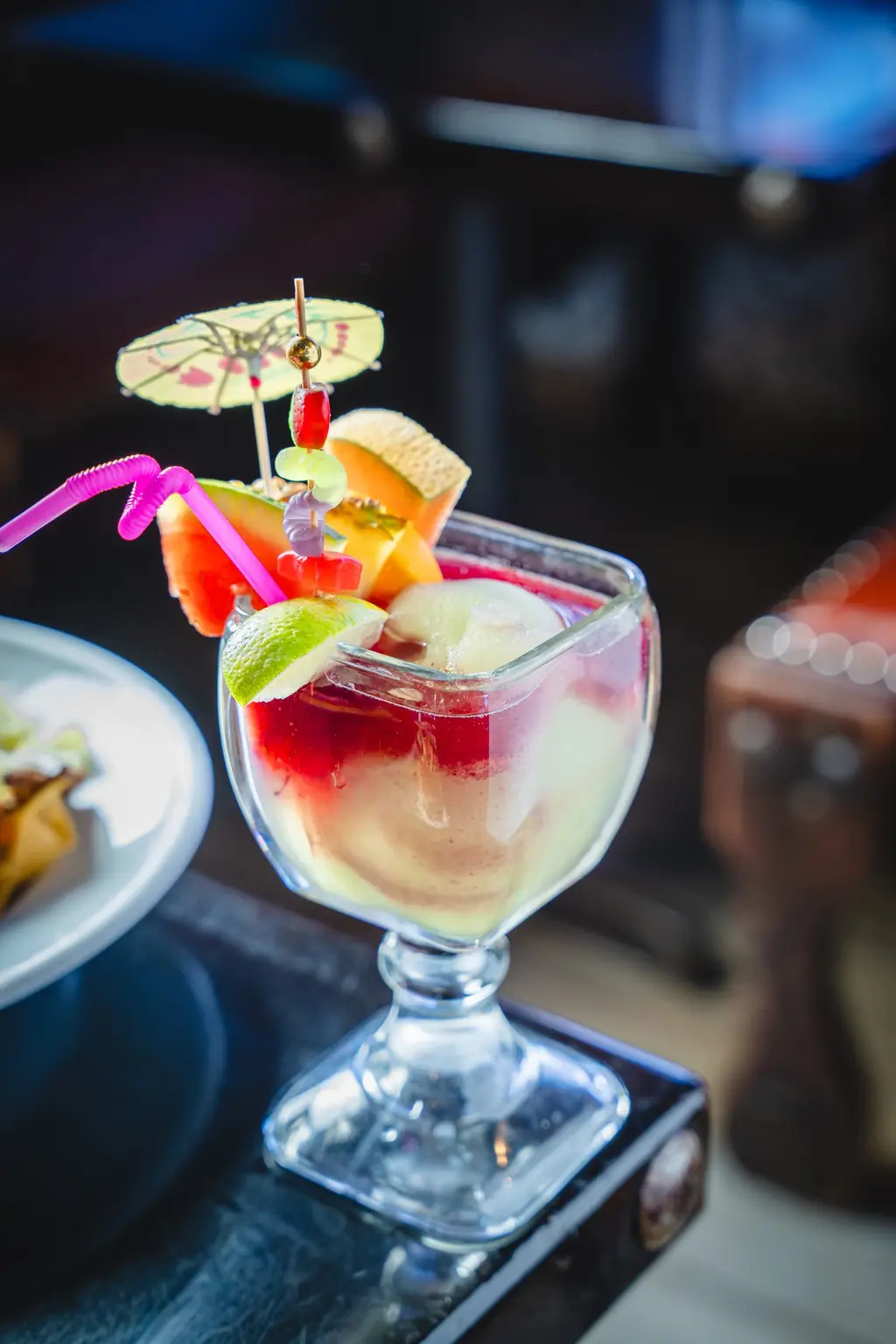 Frozen Sangria with fruit skewers